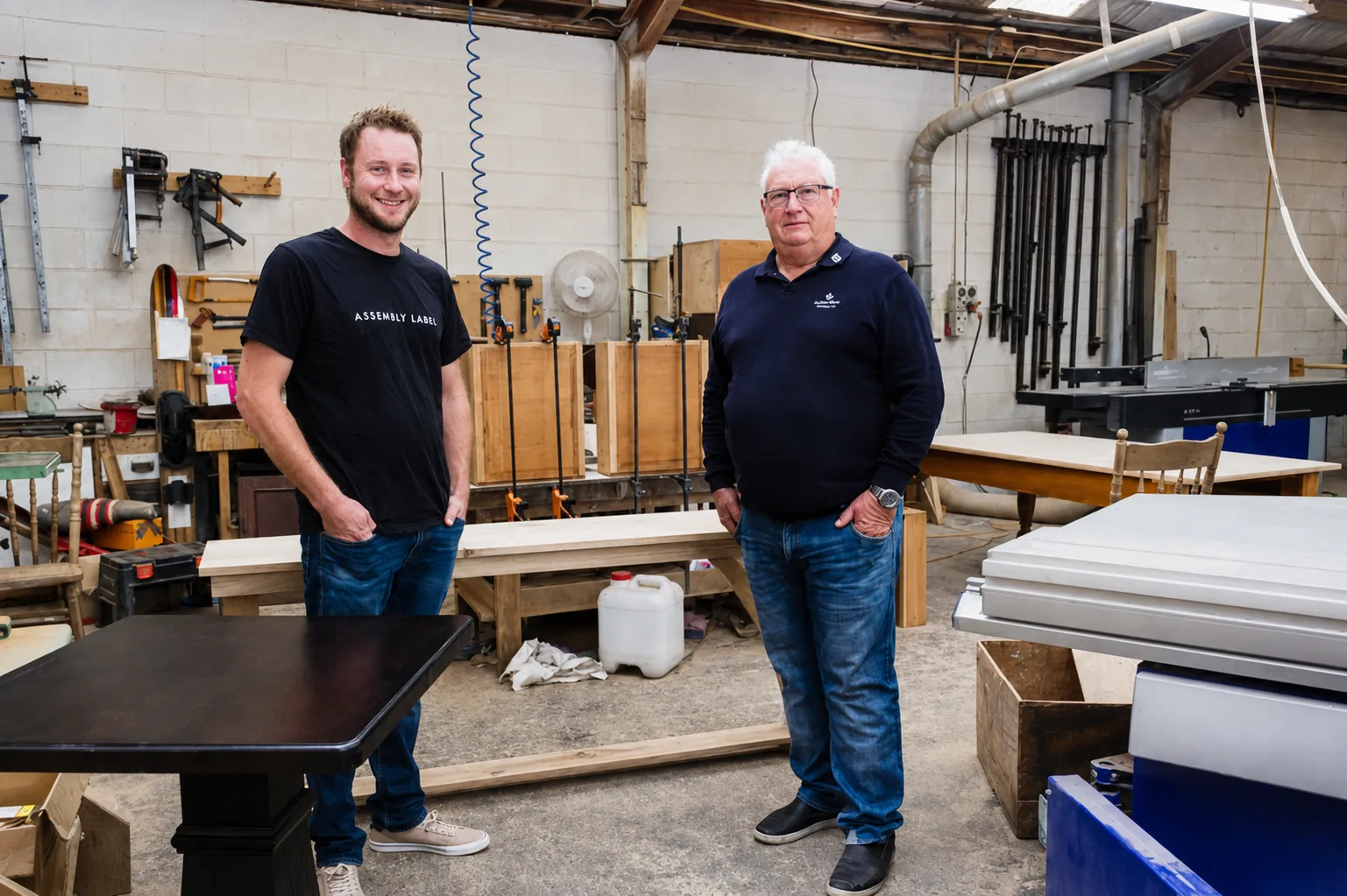 Daniel and Dave Morrison standing in the D.J. Morrison workshop in Christchurch