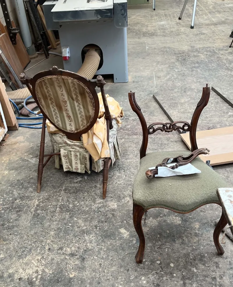 Antique balloon back chair before restoration in the D.J. Morrison workshop, Christchurch