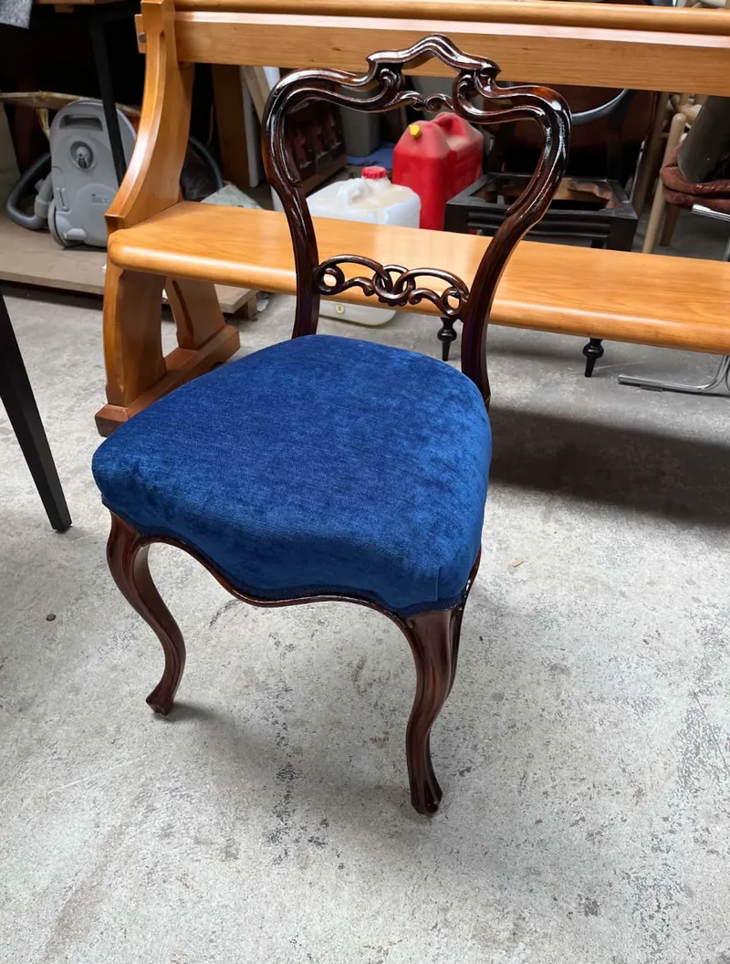 Refurbished vintage chair with polished frame and blue velvet upholstery by D.J. Morrison, Christchurch