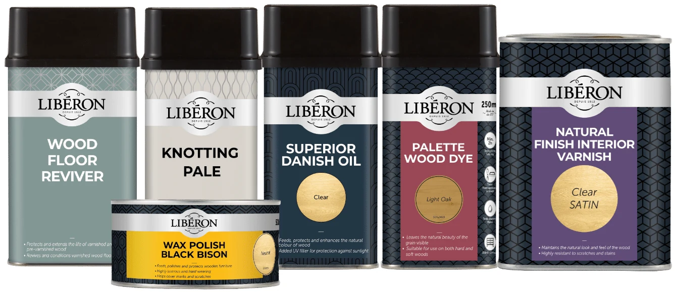 The Liberon wood care range including wax polish, Danish oil, wood dye and interior varnish