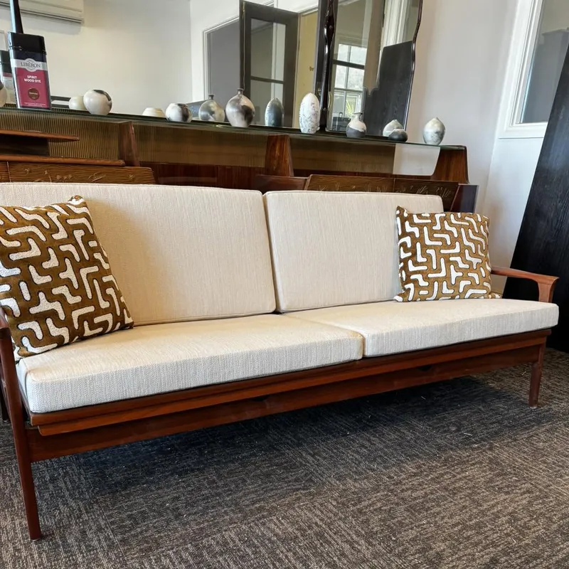 Mid century teak sofa after restoration by D.J. Morrison, Christchurch